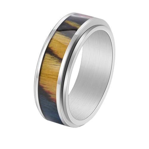 PAURO Herren Damen Edelstahl Emaille Jahrgang Holzmaserung Drehbarer Ring Silber Größe 62 (19.7) von PAURO