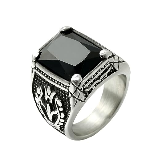 PAURO Herren Damen Edelstahl Hochglanzpolierte Tulipanes Ring Quadrat Edelstein Versprechen Ehering Silber Schwarz Größe 74 (23.6) von PAURO