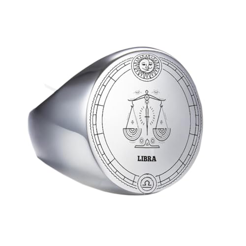 PAURO Herren Damen Edelstahl Hochglanzpolierter 12 Sternbilder Horoskop Sternzeichen Runder Ring Silber Waage Größe 60 (19.1) von PAURO