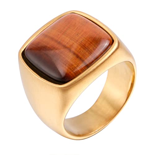 PAURO Herren Damen Edelstahl Hochglanzpolierter Ehering Quadratischer Edelstein Ring Gold Braun Größe 50 (15.9) von PAURO