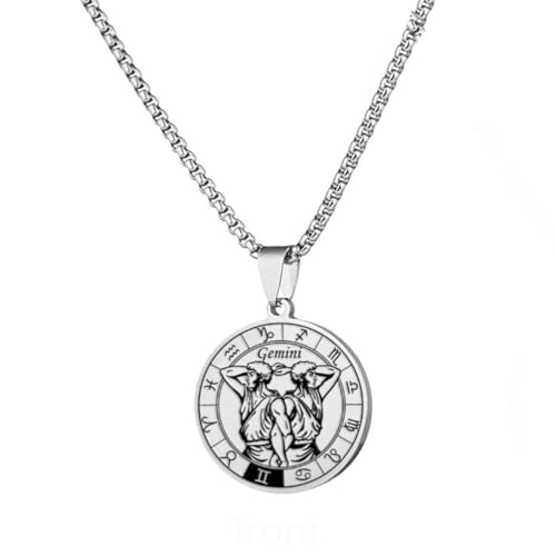 PAURO Herren Damen Edelstahl Kreative Die Zeichen des Tierkreises Anhänger 12 Konstellationen Siegel Sternzeichen Halskette Zwillinge von PAURO