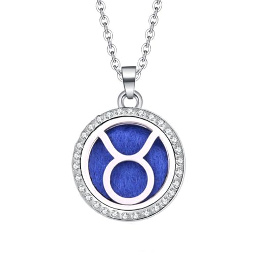 PAURO Herren Damen Edelstahl Kreative Runde ätherisches Öl Diffusor Anhänger 12 Konstellationen Halskette Horoskop Schmuck Stier von PAURO