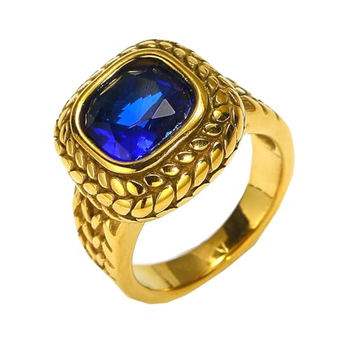 PAURO Herren Damen Edelstahl Personalisierte Retro Punk Quadrat Edelstein Ehering Gold Dunkelblau Größe 65 (20.7) von PAURO