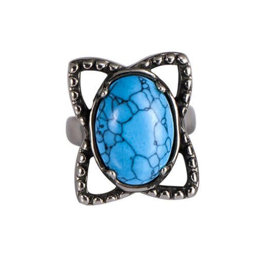 PAURO Herren Damen Edelstahl Personalisierter Jahrgang Blume Oval Edelstein Ring Silber See Blau Größe 68 (21.6) von PAURO