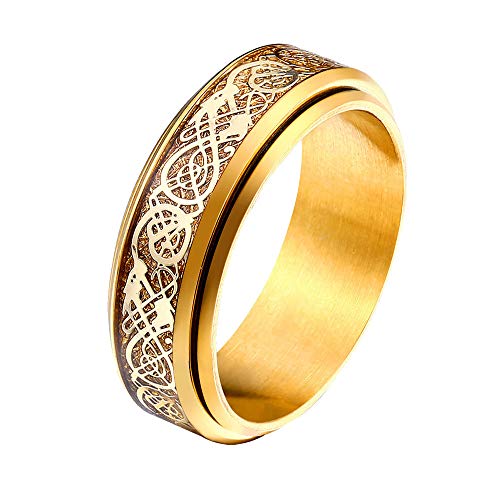 PAURO Herren Damen Keltisch Drachen Spinner Ringe Ehering Edelstahl Gold Größe 60 (19.1) von PAURO
