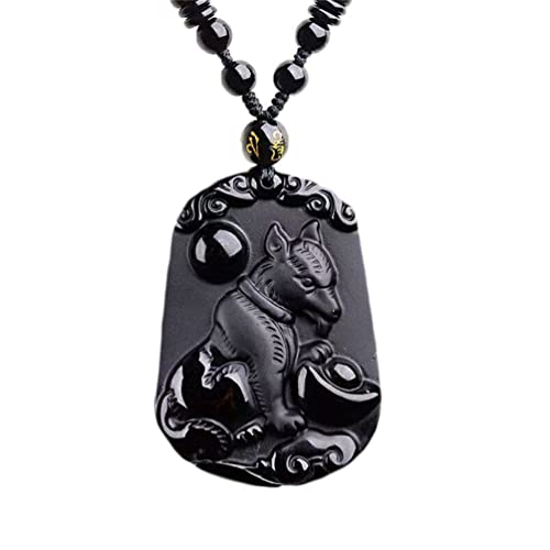 PAURO Herren Damen Obsidian Jahrgang Chinesische Rechteck Sternzeichen Siegel Anhänger Halskette mit Kette Amulett Schmuck Hund von PAURO