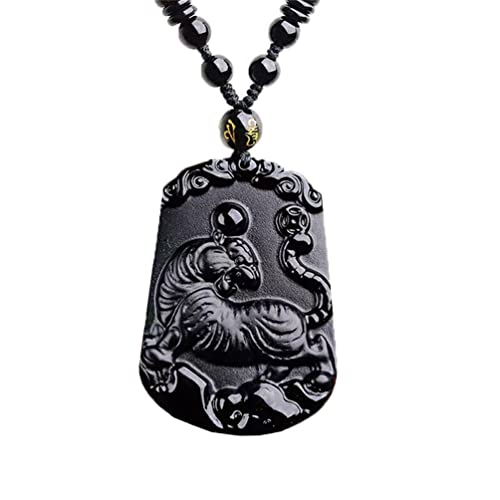 PAURO Herren Damen Obsidian Jahrgang Chinesische Rechteck Sternzeichen Siegel Anhänger Halskette mit Kette Amulett Schmuck Tiger von PAURO