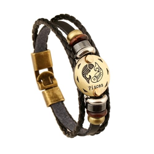 PAURO Herren Damen PU Leder Punk 12 Sternbild Geflochtene Verstellbare Armband Fische von PAURO