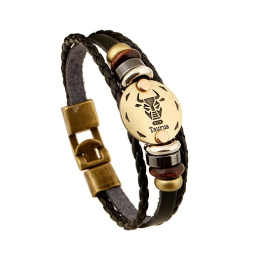 PAURO Herren Damen PU Leder Punk 12 Sternbild Geflochtene Verstellbare Armband Stier von PAURO