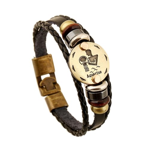 PAURO Herren Damen PU Leder Punk 12 Sternbild Geflochtene Verstellbare Armband Wassermann von PAURO