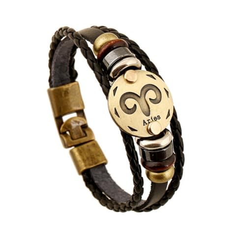 PAURO Herren Damen PU Leder Punk 12 Sternbild Geflochtene Verstellbare Armband Widder von PAURO