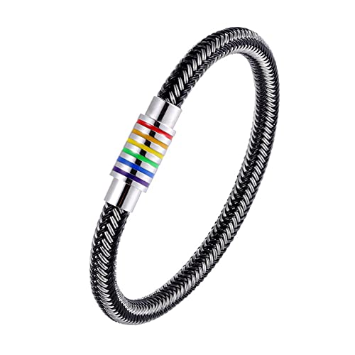 PAURO Herren Damen Stainless Steel 6MM Geflochtene LGBT Regenbogen Homosexuell Lesbian Stolz Armspange Armband Schwarz Silber 210MM von PAURO