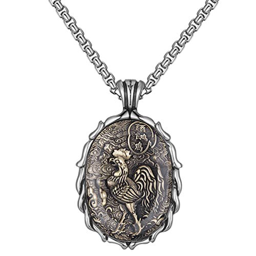 PAURO Herren Damen Vintage Chinesische Sternzeichen Siegel Anhänger Halskette mit Kette Amulett Horoskope Schmuck Hahn von PAURO