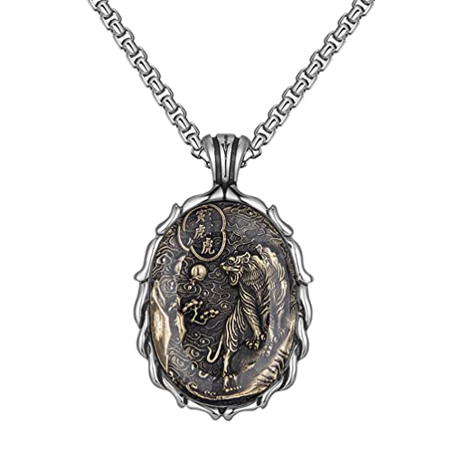 PAURO Herren Damen Vintage Chinesische Sternzeichen Siegel Anhänger Halskette mit Kette Amulett Horoskope Schmuck Tiger von PAURO