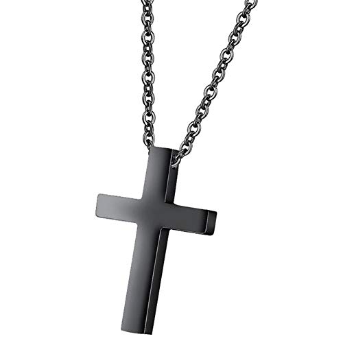 PAURO Herren Damen Zierliche Kleine Kreuz Edelstahl Anhänger Halskette mit 16 Zoll Kette Schwarz überzogen Groß von PAURO