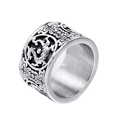 PAURO Herren Edelstahl 14MM Chinesisch Antike 4 Wächter Tier Drache Weißer Tiger Suzaku Basalt Amulett Ring Silber Schwarz Größe 65 (20.7) von PAURO