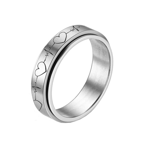 PAURO Herren Edelstahl 6MM EKG Herzschlag Drehbarer Ring Silber Größe 54 (17.2) von PAURO