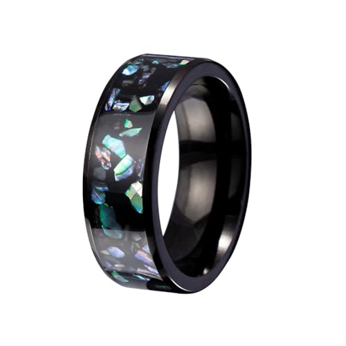 PAURO Herren Edelstahl 8MM Hochglanzpolierte Abalone Schale Versprechen Ring Hochzeit Band Schwarz Größe 54 (17.2) von PAURO