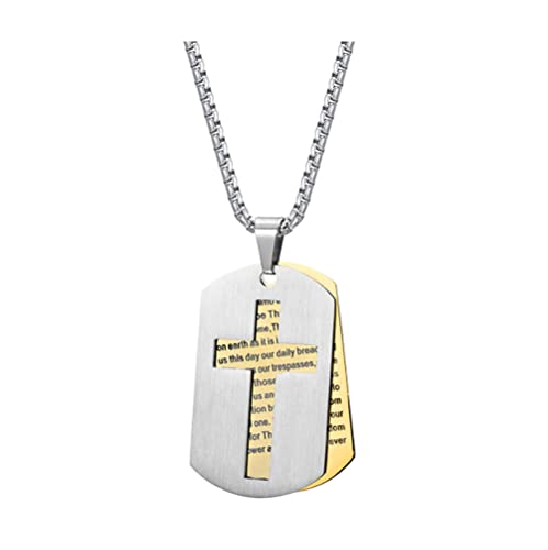 PAURO Herren Edelstahl Bibelvers Vaterunser und Kreuz Doppelanhänger Halskette Dog Tag Stil Gold Mit Kette Medium von PAURO