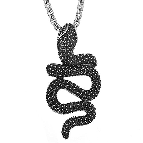 PAURO Herren Edelstahl Black Diamond CZ Tier Schlange Anhänger Charm Halskette Mit Kette 24" von PAURO