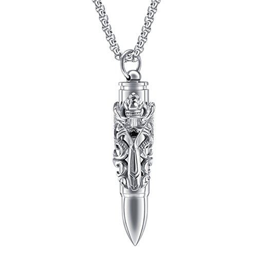 PAURO Herren Edelstahl Bullet Mit Schwert Double Dragon Öffnende Zylinder Anhänger Halskette Vintage Gothic, Silber von PAURO