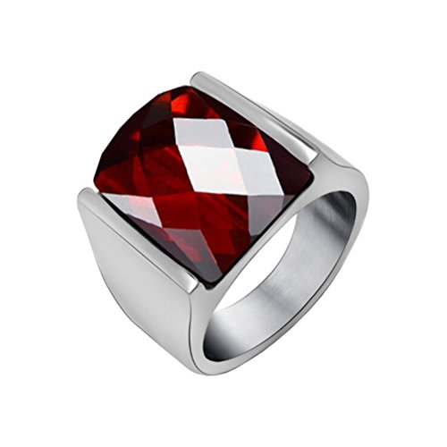 PAURO Herren Edelstahl Diamant Geschliffener Achat Edelstein Ring Mit Polierter Silber Seite, Rote Größe 62 von PAURO