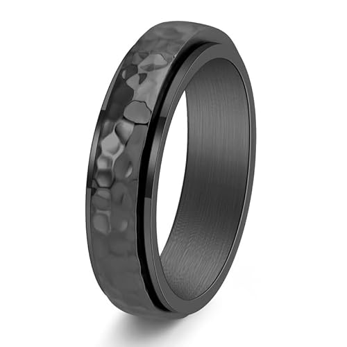 PAURO Herren Edelstahl Einfaches Handgehämmertes Korn Drehbares Wabenmuster Ring Schwarz Größe 54 (17.2) von PAURO