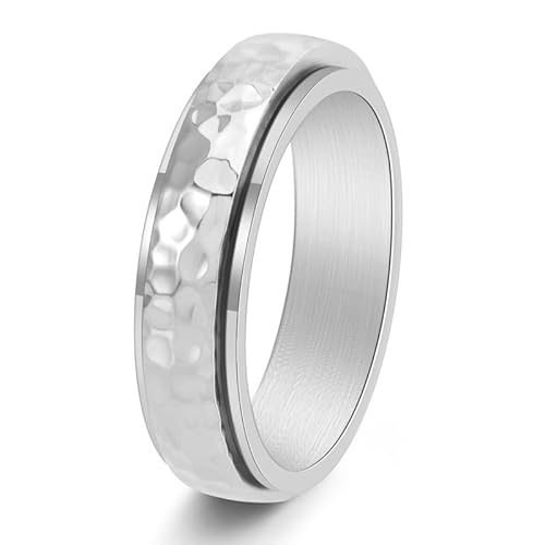 PAURO Herren Edelstahl Einfaches Handgehämmertes Korn Drehbares Wabenmuster Ring Silber Größe 52 (16.6) von PAURO