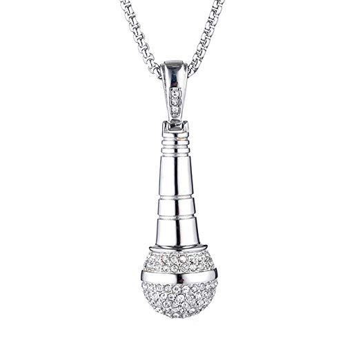 PAURO Herren Edelstahl Hip Hop Diamant CZ Mikrofon Anhänger Charme Halskette Mit Kette 24", Silber Groß von PAURO