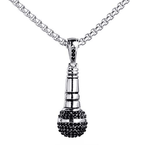 PAURO Herren Edelstahl Hip Hop Diamant CZ Mikrofon Anhänger Charme Halskette Mit Kette 24", Silber Schwarz Groß von PAURO