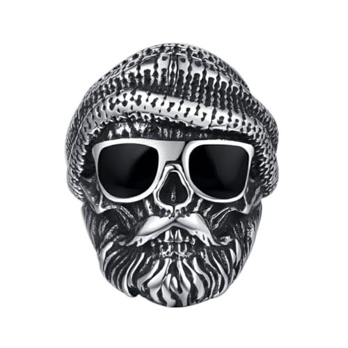 PAURO Herren Edelstahl Hip Hop Retro Punk Trend Schwarze Sonnenbrille Strickmütze Bärtiger Opa Ring Silber Größe 65 (20.7) von PAURO