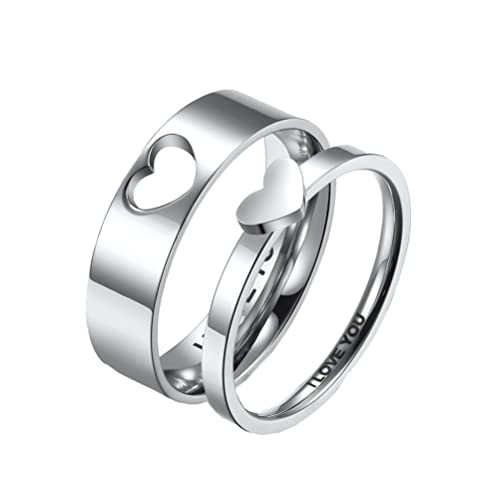 PAURO Herren Edelstahl Hochglanzpolierter Hohles Puzzle Herzförmiges Paar Verlobungsring Ehering Silber Größe 54 (17.2) von PAURO