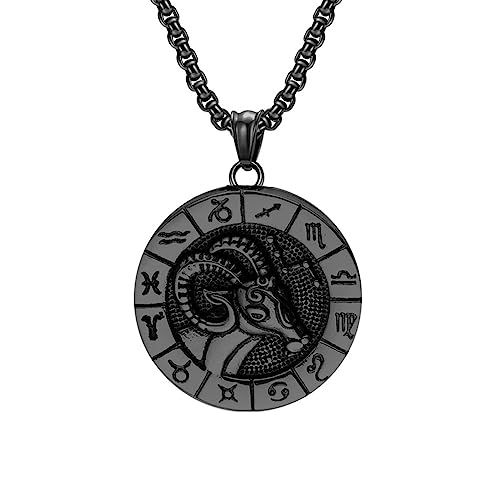 PAURO Herren Edelstahl Jahrgang 12 Konstellationen Münze Tierkreiszeichen Anhänger Halskette Personalisierte Horoskop Schmuck Schwarz Widder von PAURO