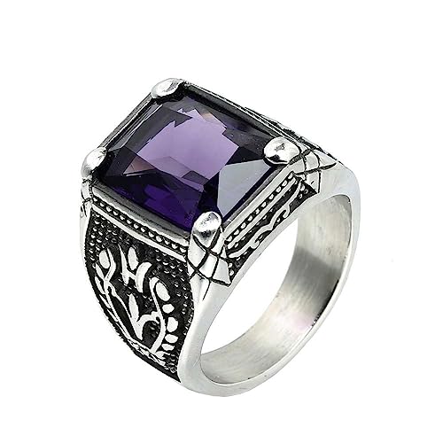 PAURO Herren Edelstahl Jahrgang Edelstein Ring Graviertes Blumendesign Versilbert, Lila Stein Größe 54 (17.2) von PAURO