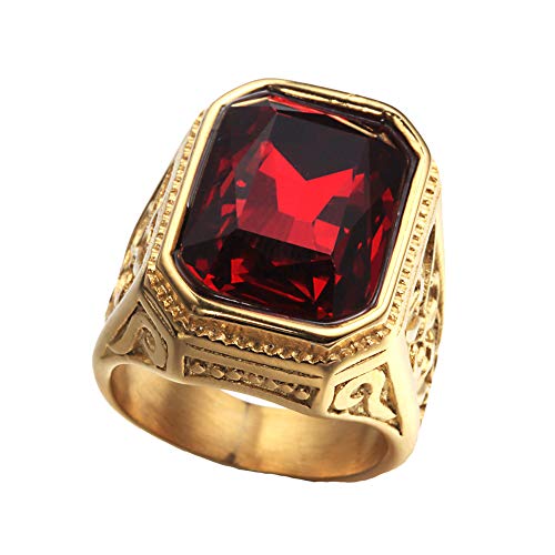 PAURO Herren Edelstahl Jahrgang Golden Square EheRinge Mit GroßEn Stein Rot GrößE 65 von PAURO