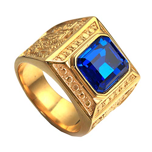 PAURO Herren Edelstahl Jahrgang Golden Square Ringe Chinesischen Stil HerrschsüChtig Drachen Mit GroßEn Stein Blau GrößE 62 von PAURO