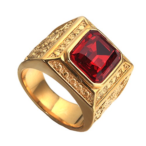 PAURO Herren Edelstahl Jahrgang Golden Square Ringe Chinesischen Stil HerrschsüChtigen Drachen Mit GroßEn Stein Rot GrößE 65 von PAURO