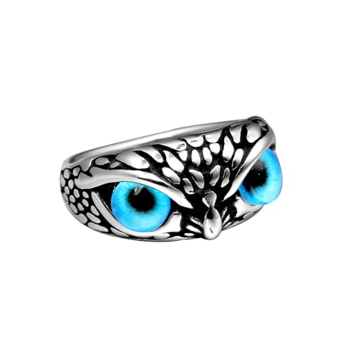 PAURO Herren Edelstahl Jahrgang Gothic Eule Ring Statement Hip Hop Schmuck Silber Blau Größe 62 (19.7) von PAURO