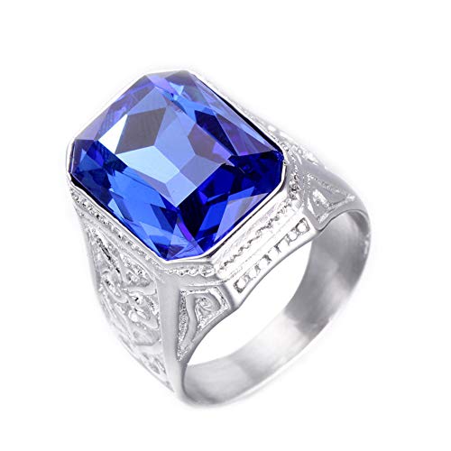PAURO Herren Edelstahl Jahrgang Hochzeit Versprechen Saphir Ring mit Großem Stein Silber Blau Größe 70 (22.3) von PAURO