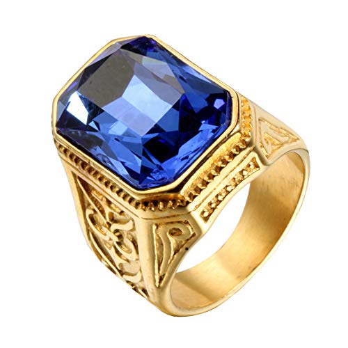 PAURO Herren Edelstahl Jahrgang Hochzeit Versprechen Zirkonia Ring mit Big Stone Gold hellblau Größe 68 (21.6) von PAURO