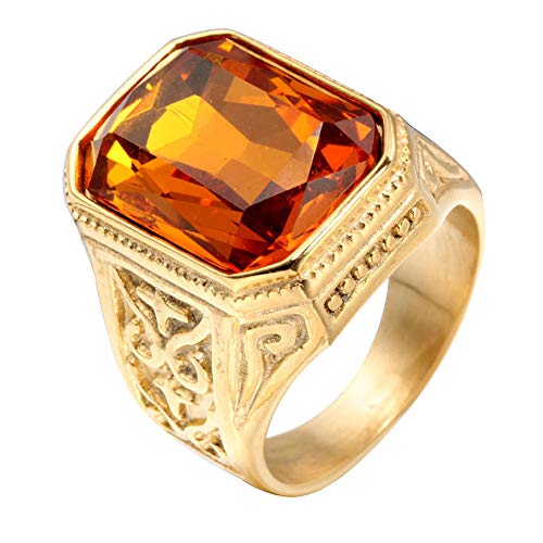 PAURO Herren Edelstahl Jahrgang Hochzeit Versprechen Zirkonia Ring mit Großem Stein Gold Orange Größe 68 (21.6) von PAURO