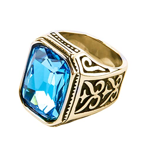 PAURO Herren Edelstahl Jahrgang Hochzeit Versprechen Zirkonia Ring mit Großem Stein Gold Schwarz Blauer See Größe 60 (19.1) von PAURO