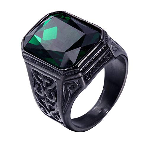 PAURO Herren Edelstahl Jahrgang Hochzeit Versprechen Zirkonia Ring mit Großem Stein Schwarz Grün Größe 68 (21.6) von PAURO