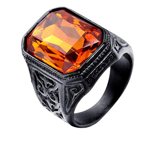 PAURO Herren Edelstahl Jahrgang Hochzeit Versprechen Zirkonia Ring mit Großem Stein Schwarz Orange Größe 68 (21.6) von PAURO