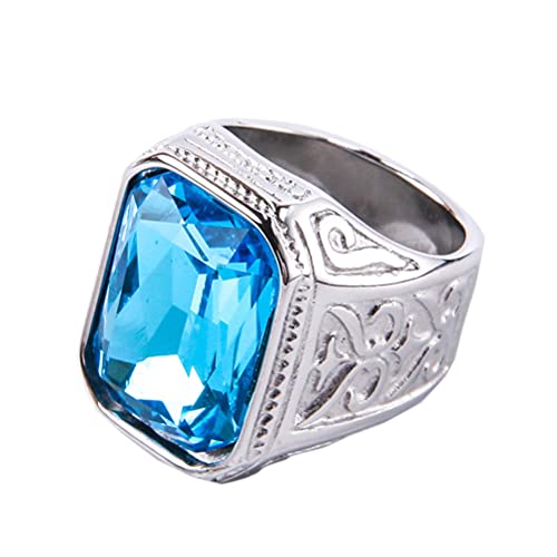 PAURO Herren Edelstahl Jahrgang Hochzeit Versprechen Zirkonia Ring mit Großem Stein Silber Blauer See Größe 70 (22.3) von PAURO
