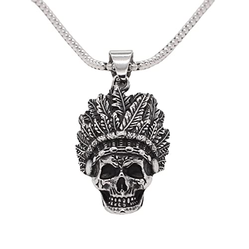 PAURO Herren Edelstahl Jahrgang Punk Indianer Häuptling Schädel Kopfschmuck Anhänger Hip Hop Halskette Silber von PAURO