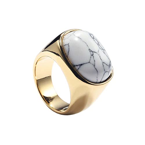 PAURO Herren Edelstahl Ovaler synthetischer weißer Türkis Ehering mit poliertem Gold Seite Größe 60 (19.1) von PAURO