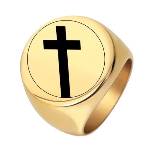 PAURO Herren Edelstahl Runder Hochpolierter Religiöser Gebetskreuz Ring Gold Größe 60 (19.1) von PAURO