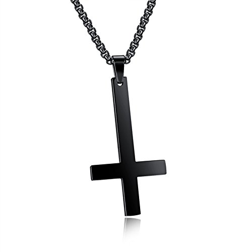 PAURO Herren Edelstahl Schwarz Inverted Kreuz Halskette Upside Down Anhänger Charme Mit 22 Zoll Kette von PAURO