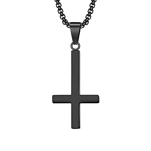 PAURO Herren Edelstahl Schwarz Invertiert Kreuz Halskette Upside Down Anhänger Charme mit 24 Zoll Kette Klein von PAURO